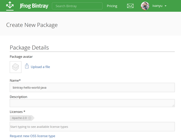 Bintray - New Package Details